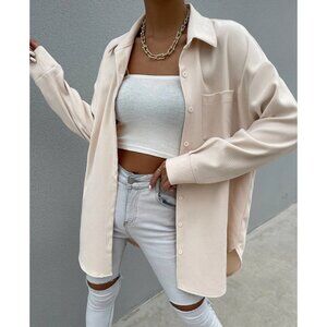 Beige Oversized Pocket Front Drop Shoulder Button-Up Blouse